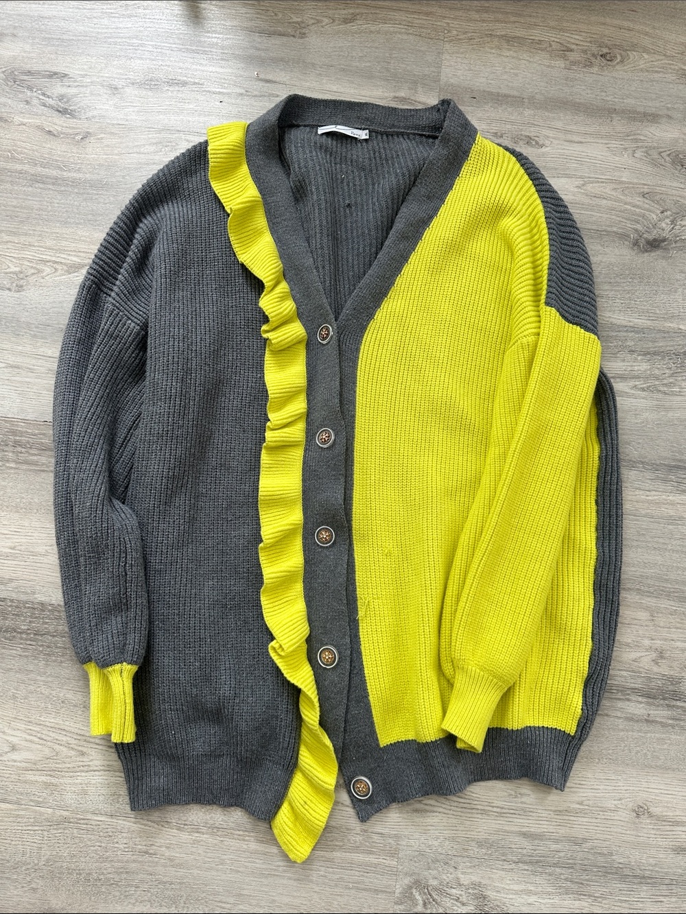 Men's Two-Tone Gray and Neon Yellow Button Cardigan Sweater